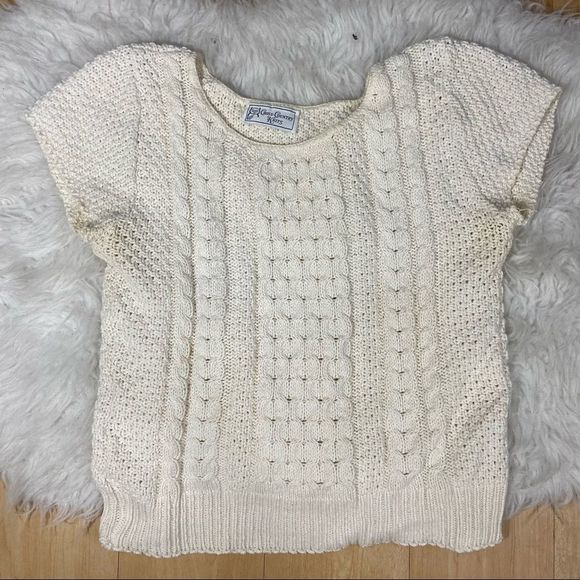 Vintage Cerulean Ivory / off white Short Sleeved Cross Country Knits Sweater top - Picture 8 of 15